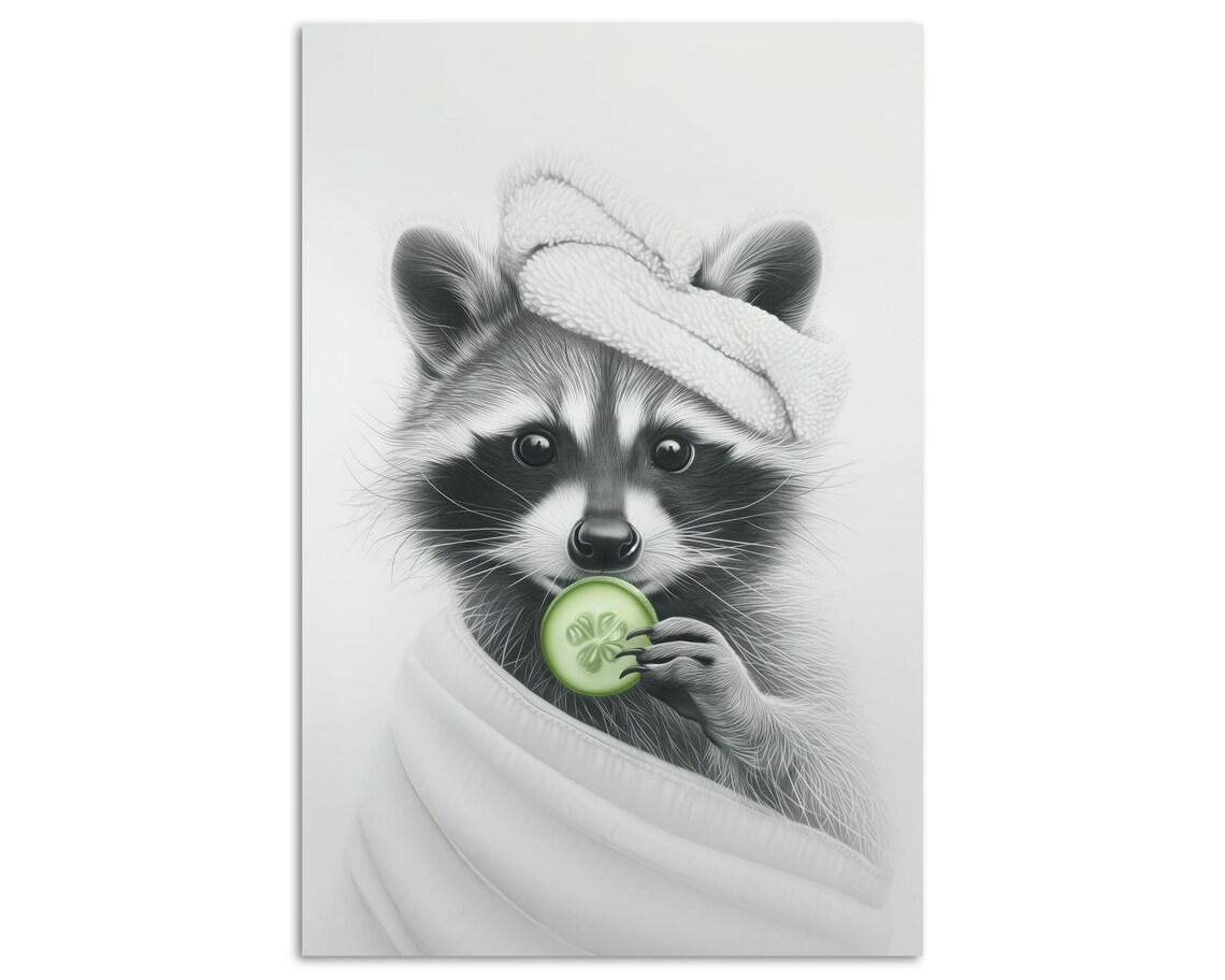 Pampered Raccoon Spa Day With Towel Eating Cucumber Funny Animal Poster - Image 5
