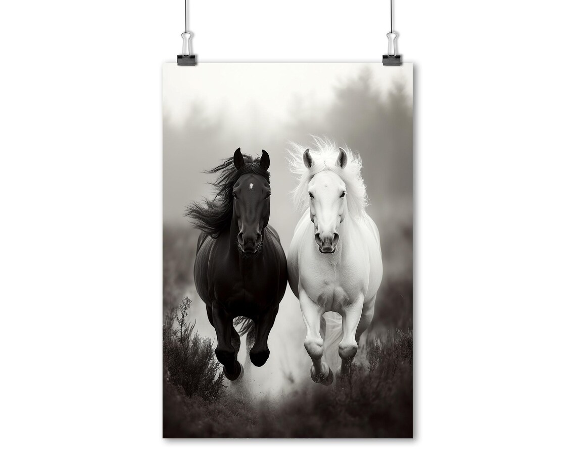 Black and White Horses Galloping Sepia Minimalist Equine Photo Poster - Image 5