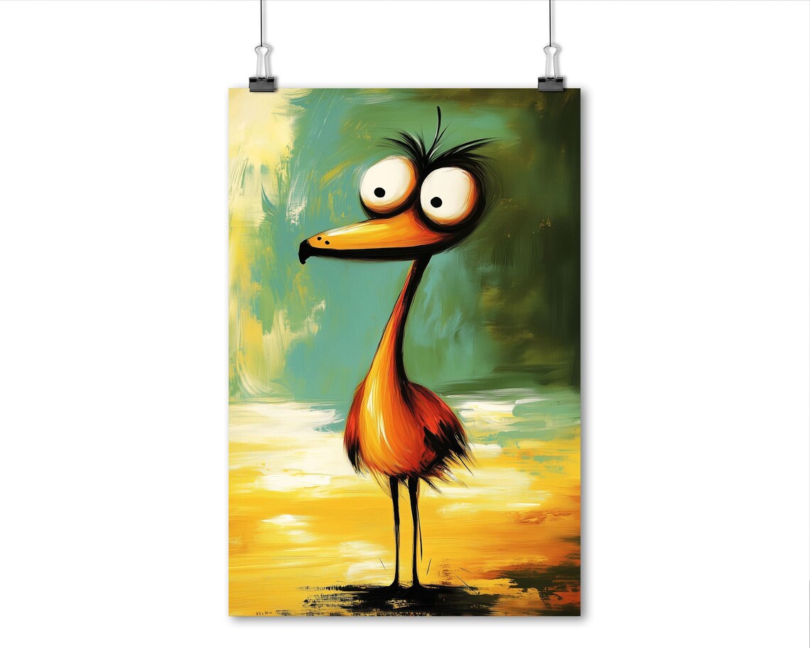 Quirky Funny Flamingo Bird Long Beak Whimsical Teal Painting Poster - Image 7