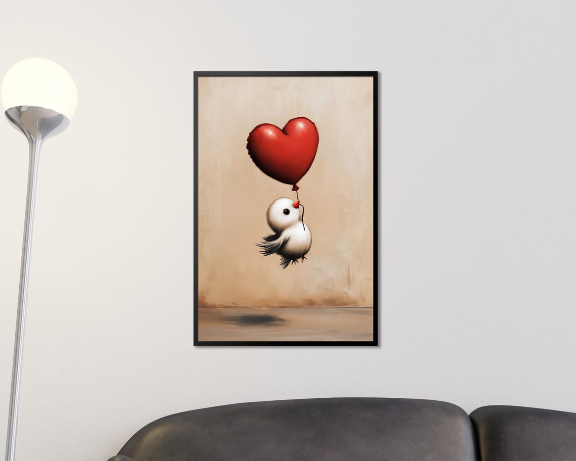 Tiny White Bird Floating with Red Heart Balloon Nursery Wall Art - Image 3
