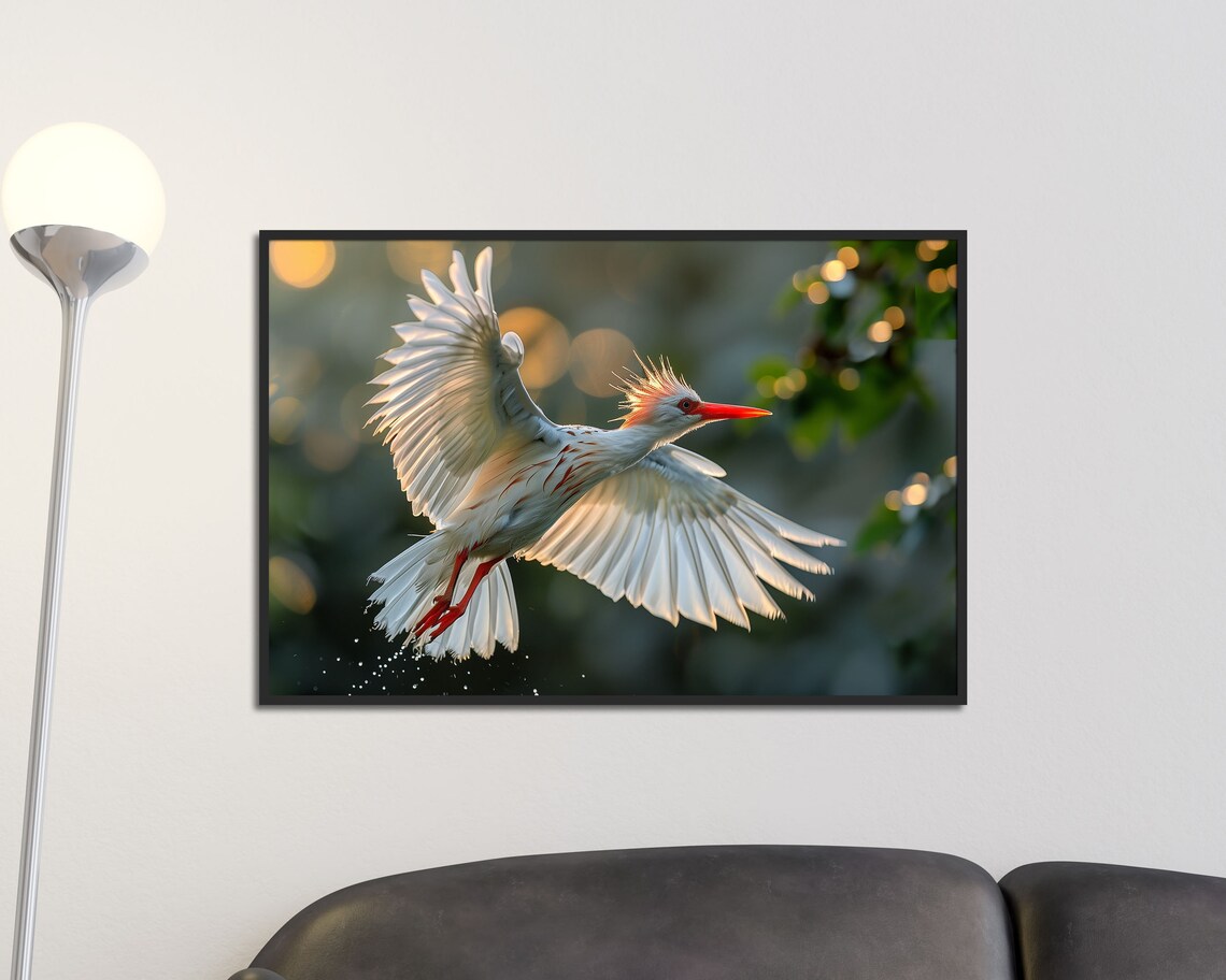 Crested Ibis Flying In Golden Light White Bird Wildlife Art Print - Image 3
