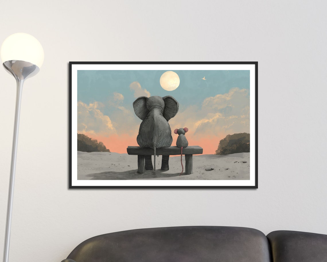 Elephant And Mouse Friendship Moonlight Beach Bench Wall Art