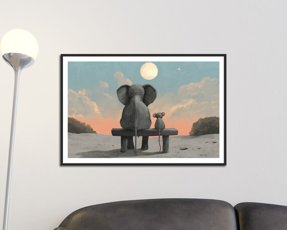Elephant And Mouse Friendship Moonlight Beach Bench Wall Art