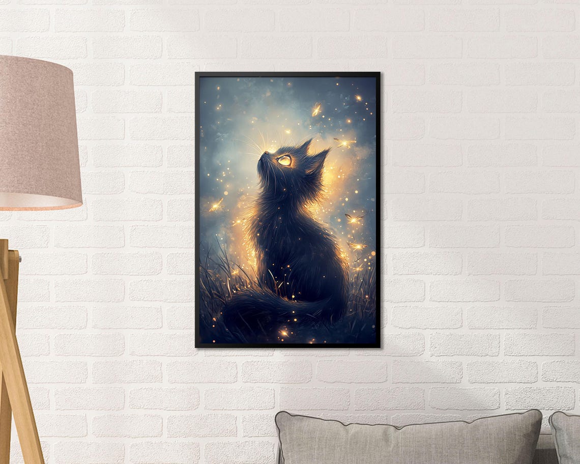 Black Cat Silhouette Fireflies Glowing Blue Night Sky Wall Art - Image 3