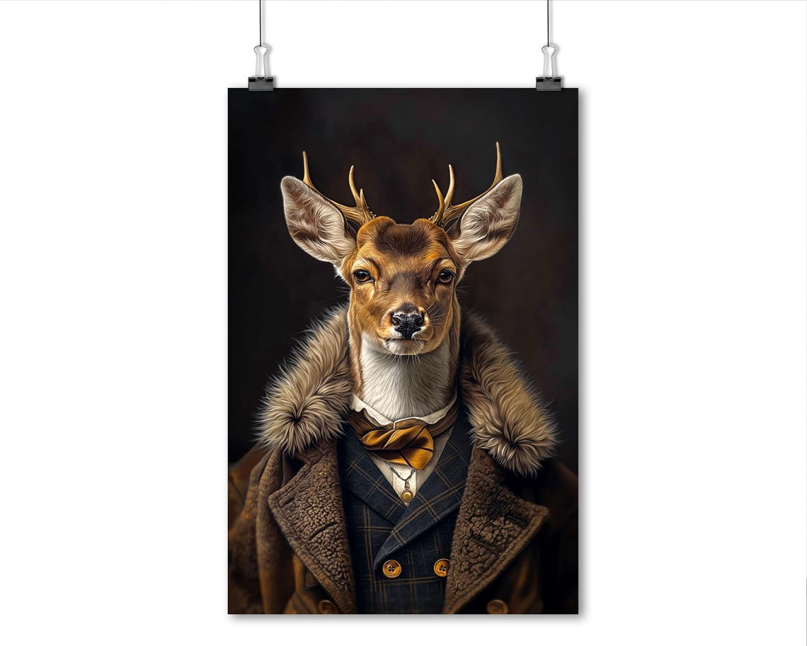 Dapper Deer Bow Tie Vintage Coat Anthropomorphic Elegant Animal Print - Image 4