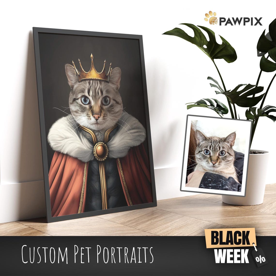 Custom Tabby Cat Royal King Crown Robe Regal Pet Portrait Art Poster