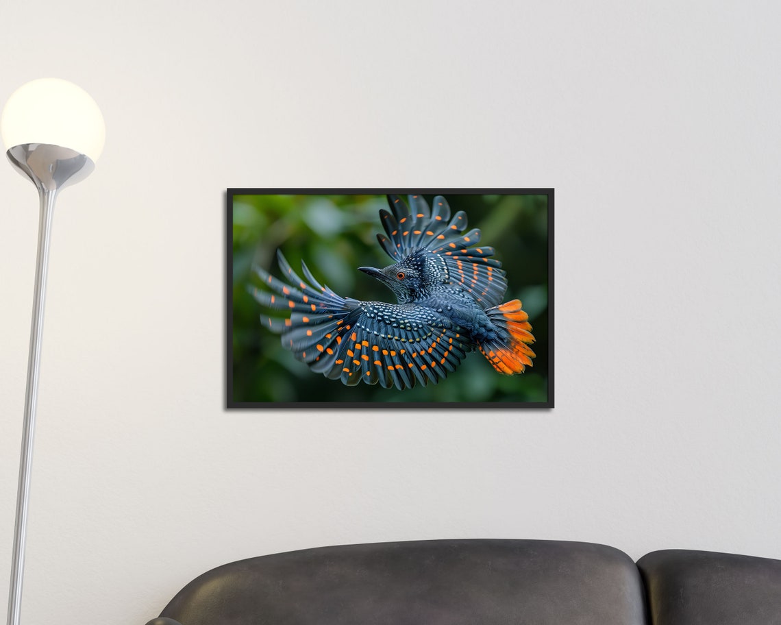 Exotic Spotted Blue Bird In Flight Orange Wings Nature Wall Art Print - Image 2