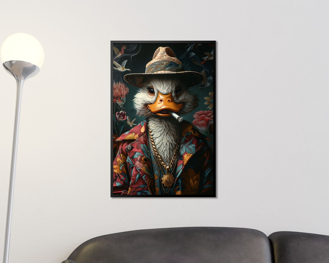 Dapper Duck In Floral Suit Fedora Gold Chains Funny Bird Wall Art