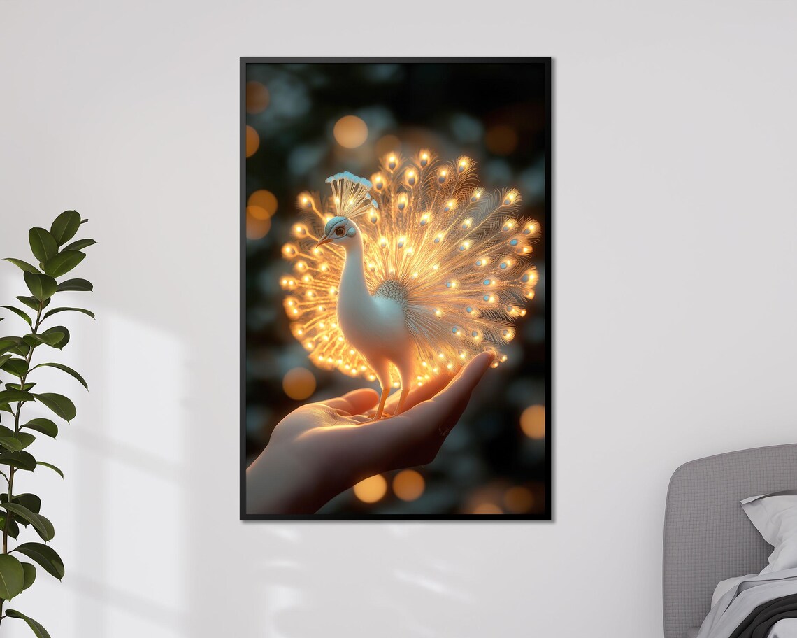 Glowing White Peacock in Hand Golden Feathers Magic Bird Art Poster