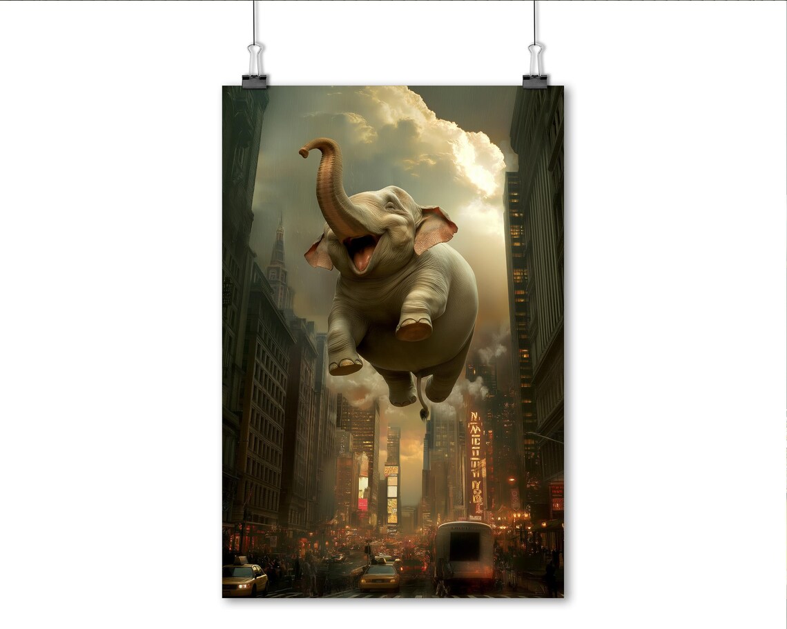 Flying Elephant Over City At Night Surreal Urban Fantasy Art Poster - Image 4