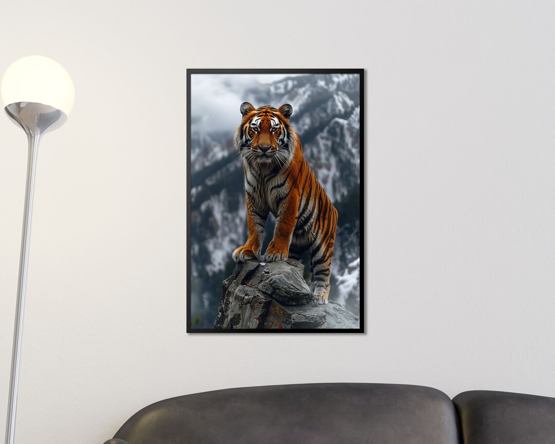 Majestic Tiger On Rocky Cliff Snowy Mountain Wildlife Nature Poster