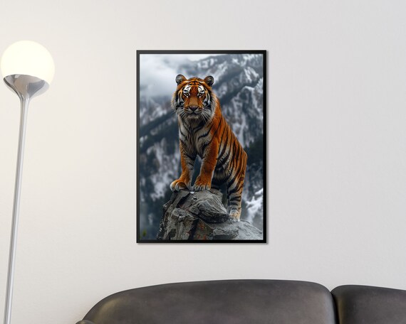 Majestic Tiger On Rocky Cliff Snowy Mountain Wildlife Nature Poster