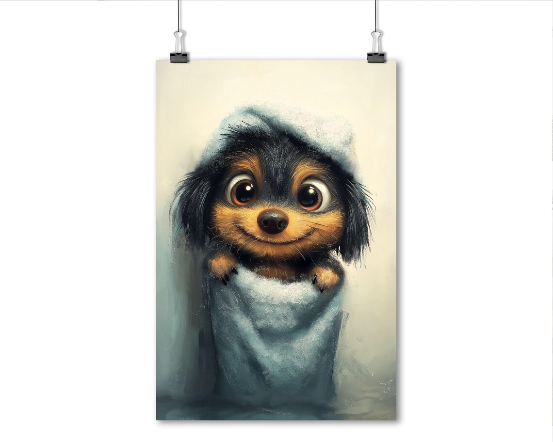 Black And Tan Puppy Wrapped In Towel Cute Bathroom Dog Art Poster - Image 6