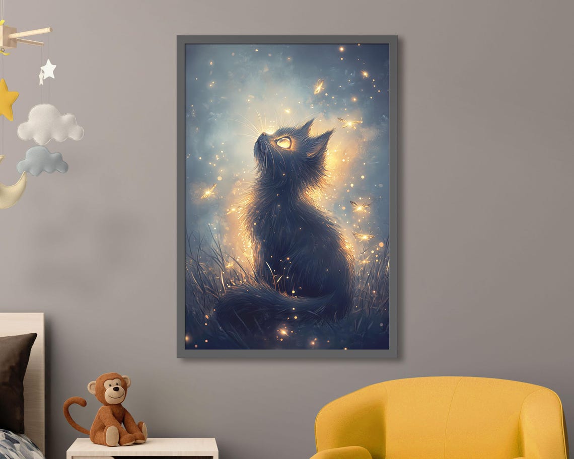 Black Cat Silhouette Fireflies Glowing Blue Night Sky Wall Art