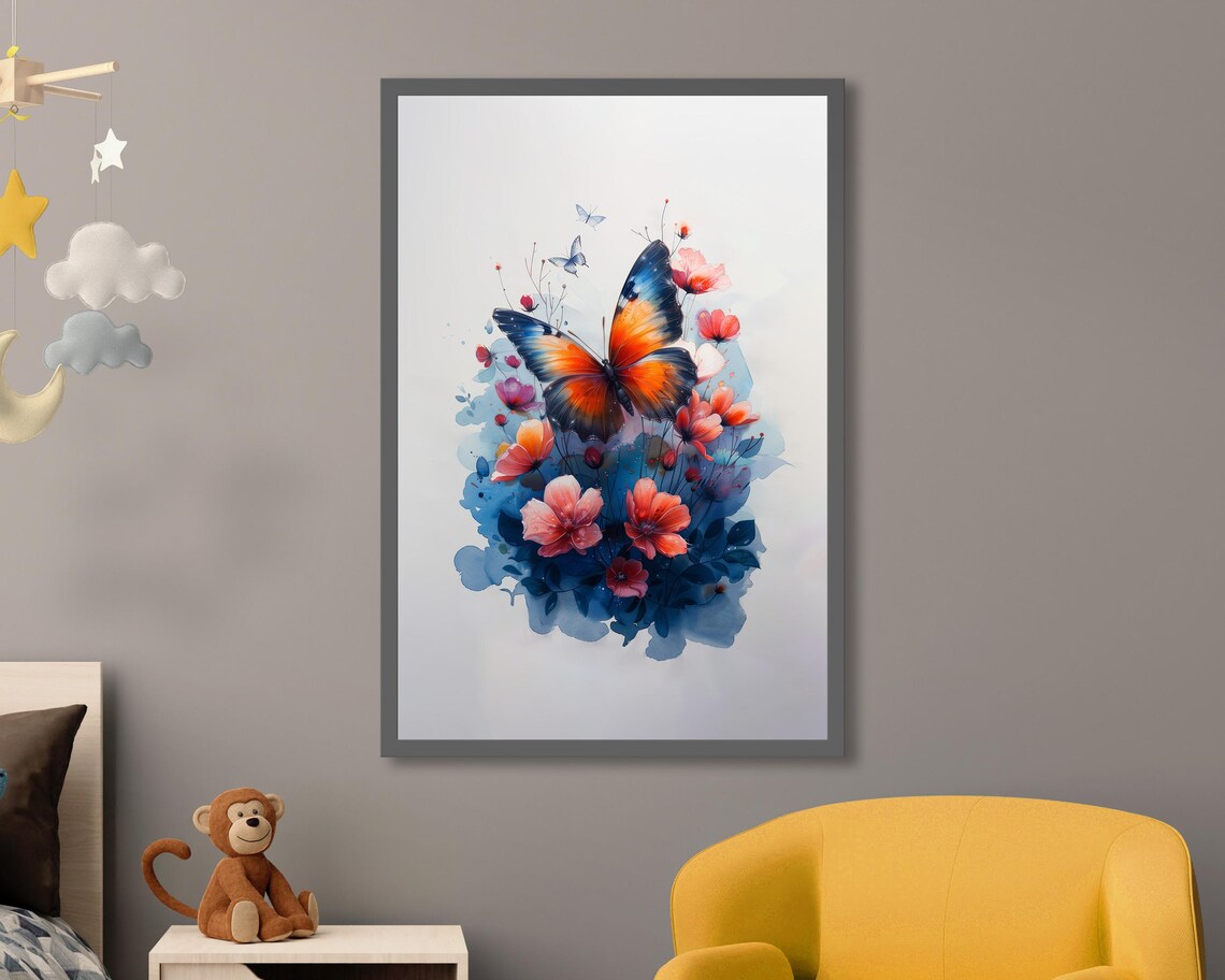 Orange Blue Butterfly Watercolor Floral Botanical Art Print Poster