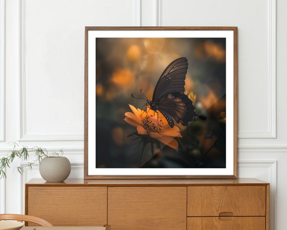 Poster Dark Butterfly On Orange Flower Art Print Moody Nature Elegant Wall Decor Butterfly And Flower Photography Home Decoration