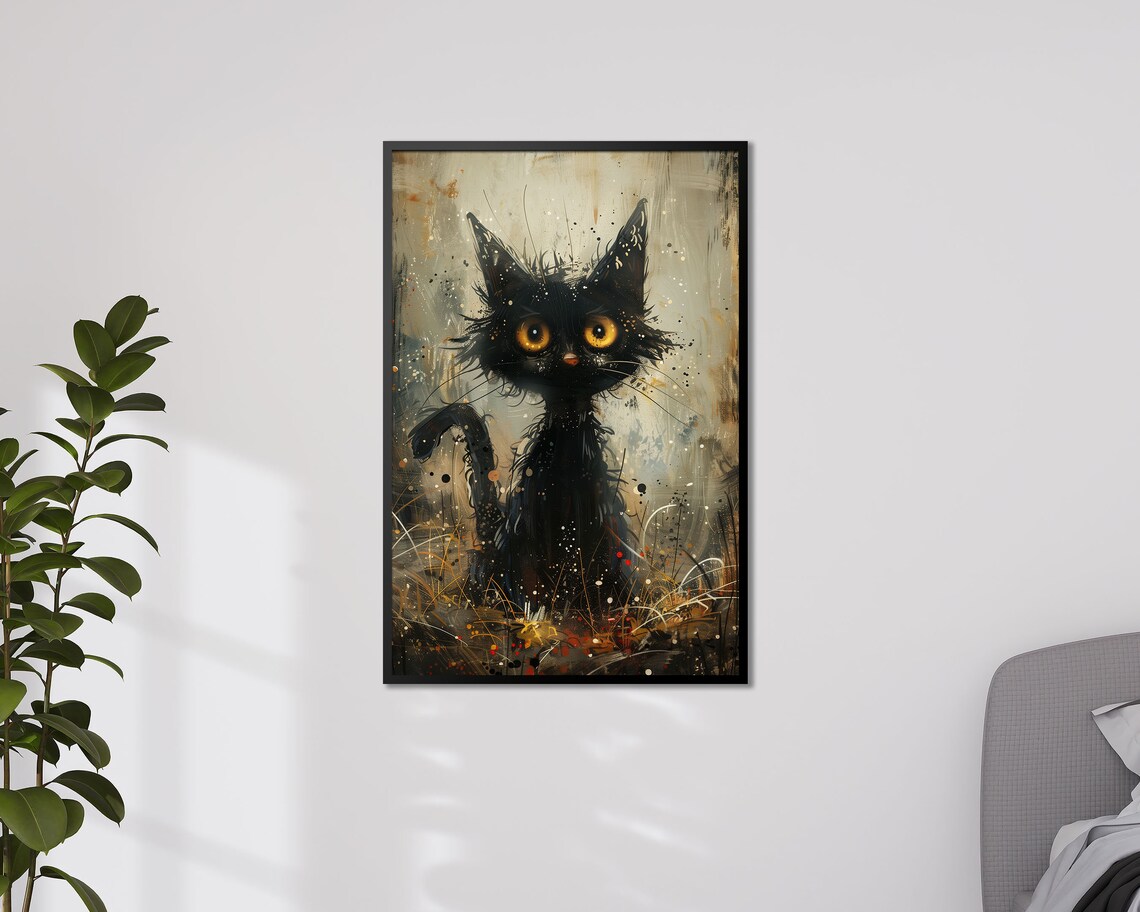 Spooky Black Cat With Golden Eyes Halloween Gothic Feline Art Print - Image 4