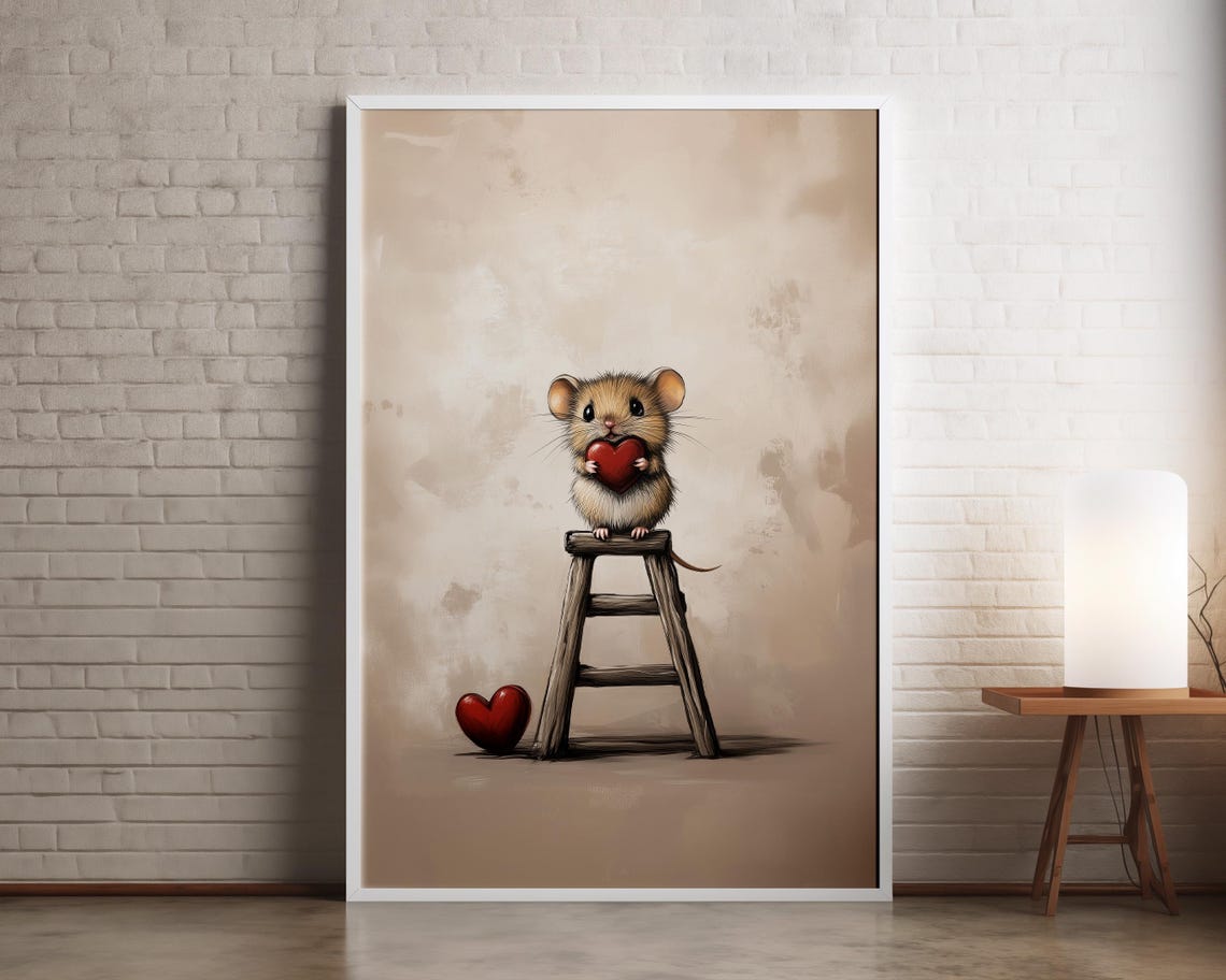 Sweet Tiny Mouse Holding Red Heart Stepladder Valentine Wall Art
