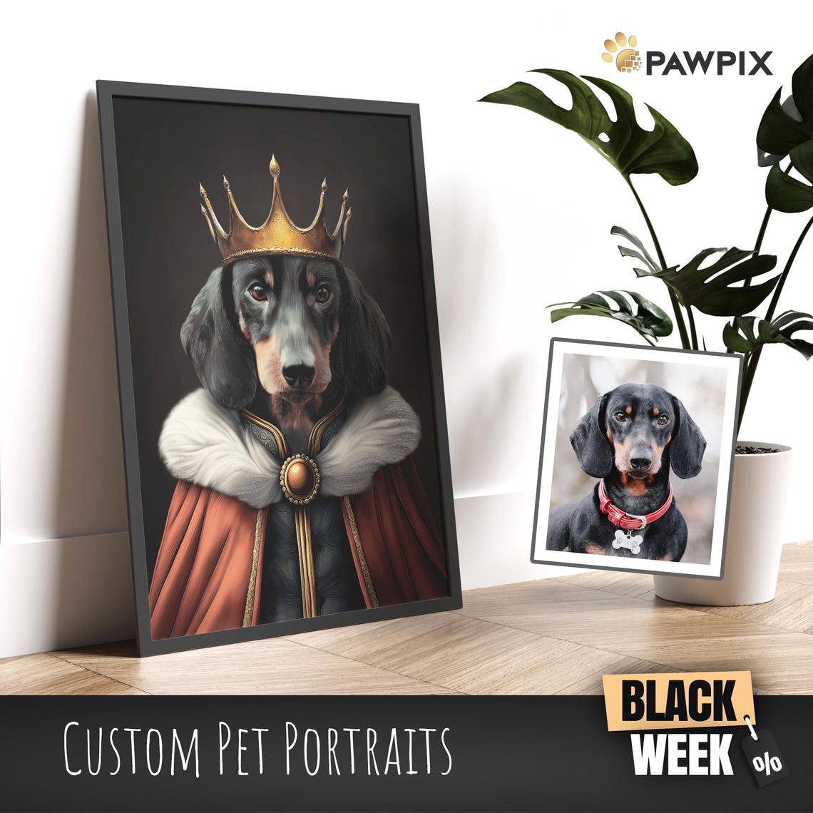 Custom Dachshund Royal King Crown Robe Regal Pet Portrait Art Poster