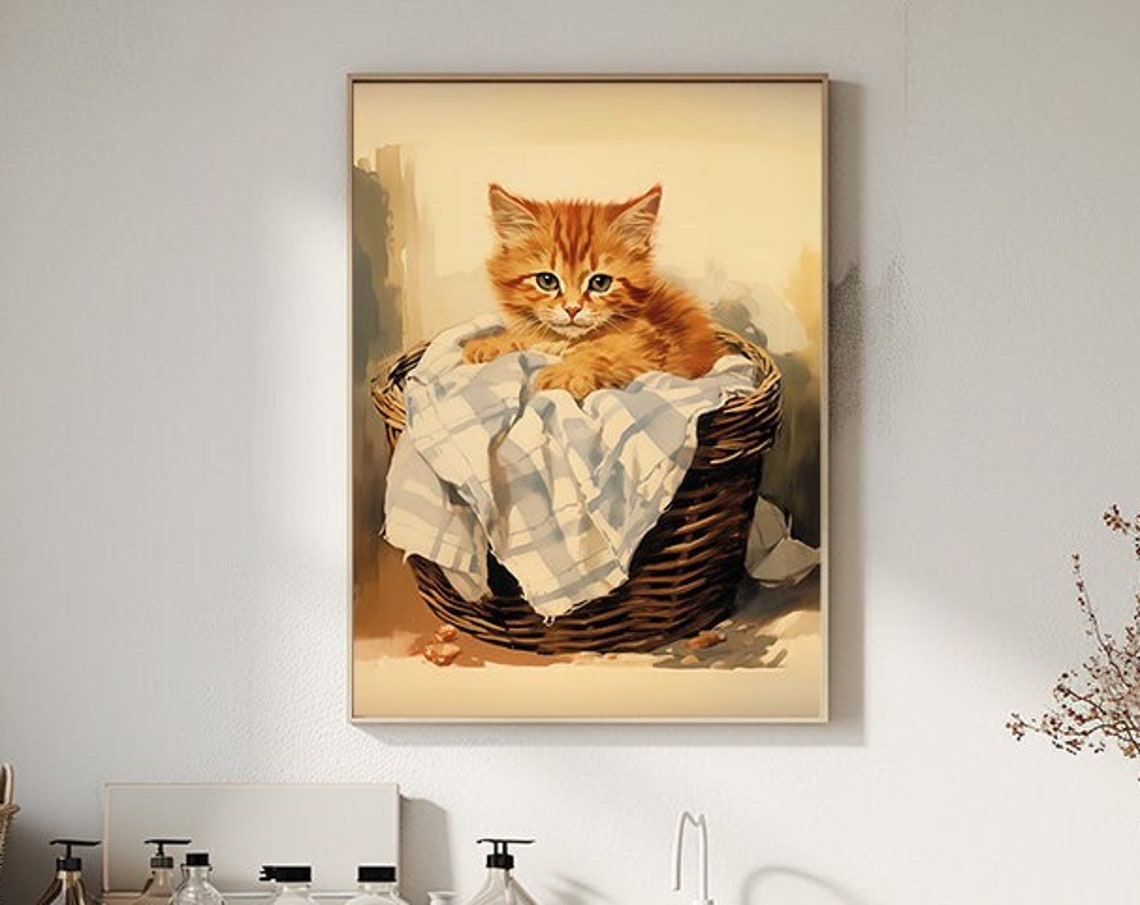 Sweet Ginger Kitten Painterly Wicker Laundry Basket Cat Poster