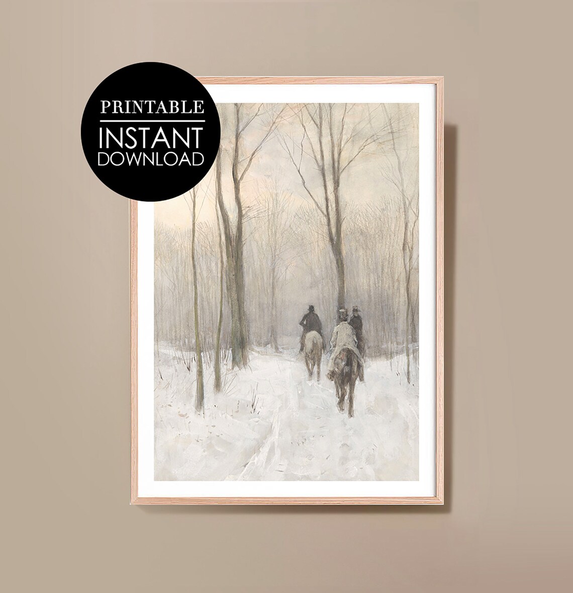 Horseback Riders in Snowy Winter Forest Vintage Painting Art Print