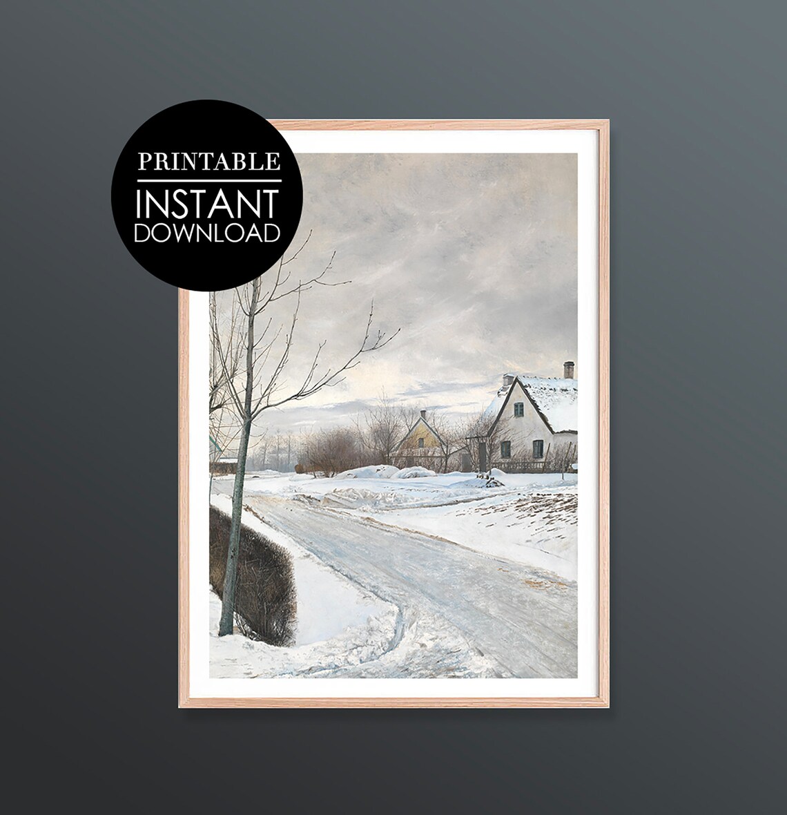 Vintage Snowy Farmhouses Quiet Winter Road Landscape Art Print