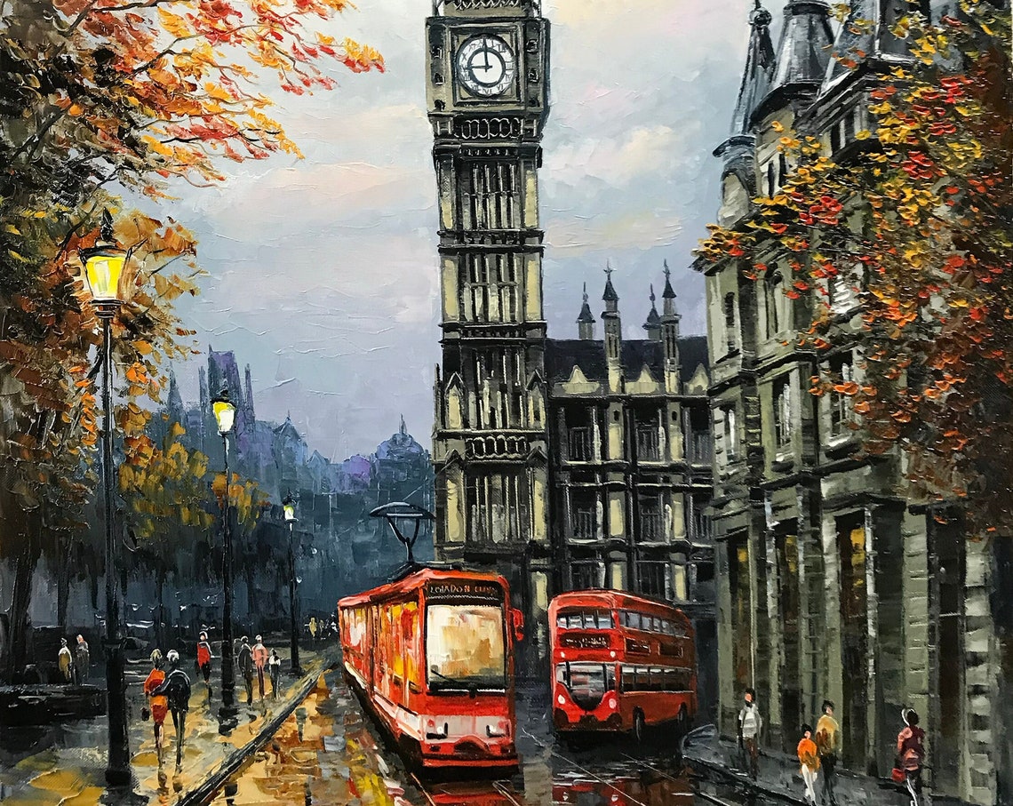 London Street Painting On London Scene Wall Art City Street View Painting Big Ben Art London Bus Oil Painting Original Artwork - Image 3