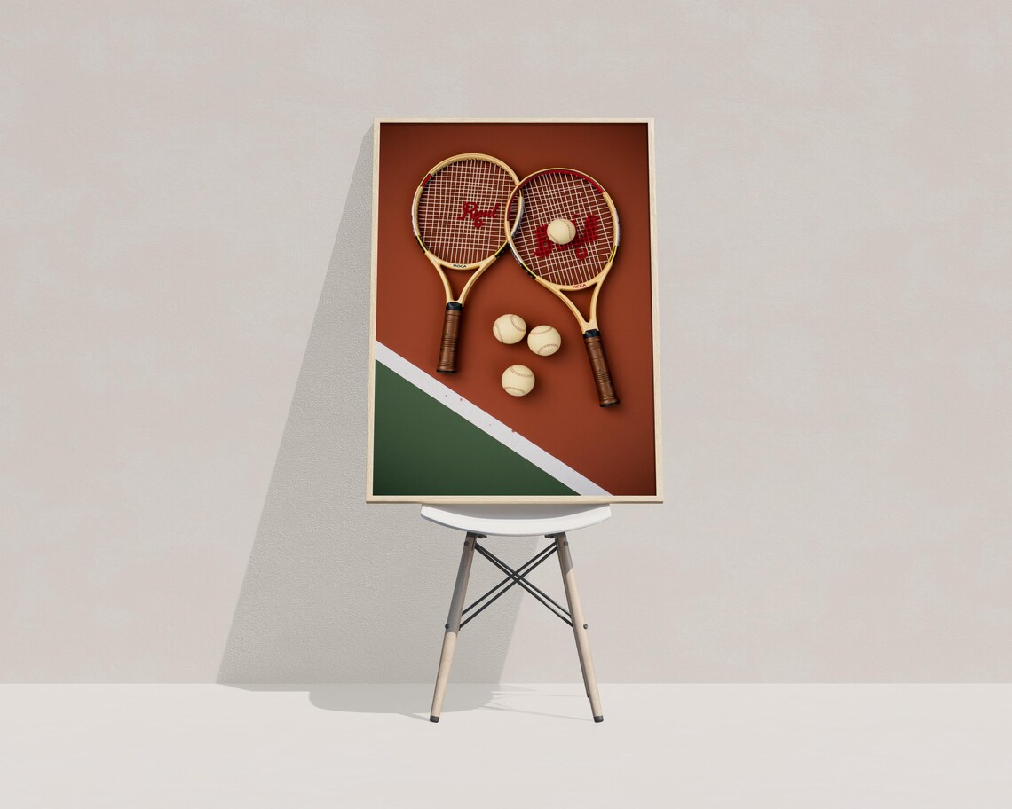 Vintage Wooden Tennis Rackets Crossed Clay Court Balls Sports Poster - Image 3