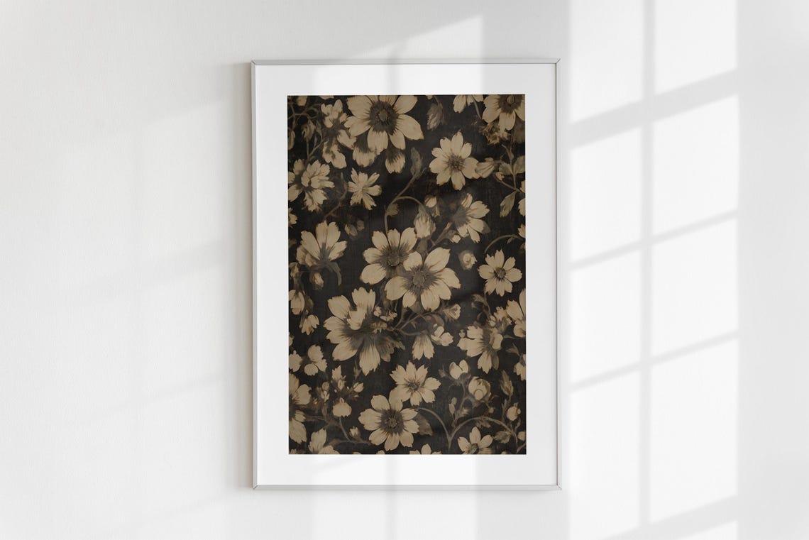 Moody Black Floral Pattern Beige Blooms Vintage Botanical Wall Poster - Image 6