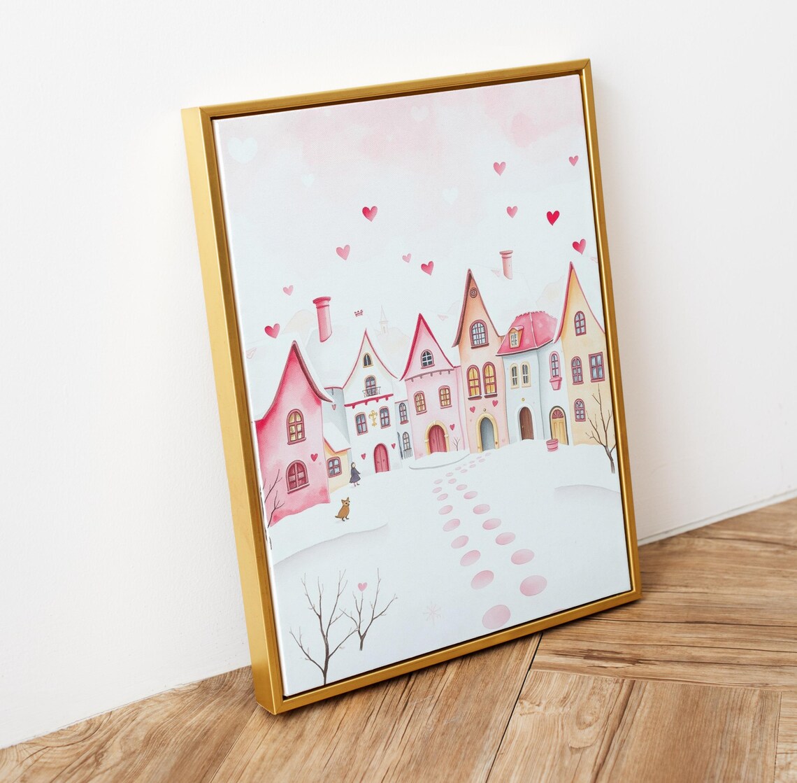 Pink Valentine Village Snowy Street Falling Hearts Watercolor Poster - Image 5