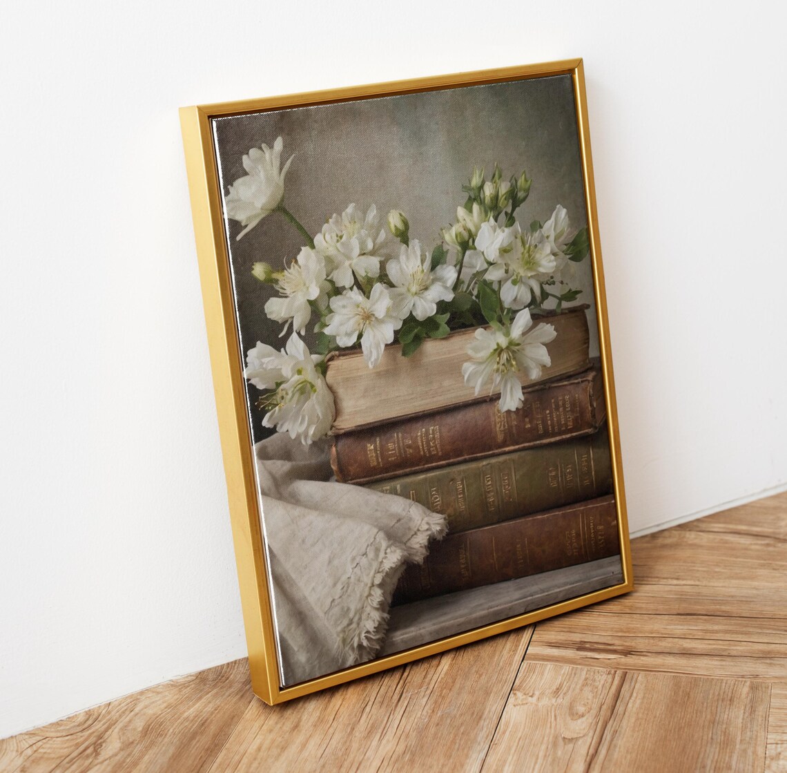White Flowers Antique Books Stack Dark Academia Still Life Photo Poster - Image 5