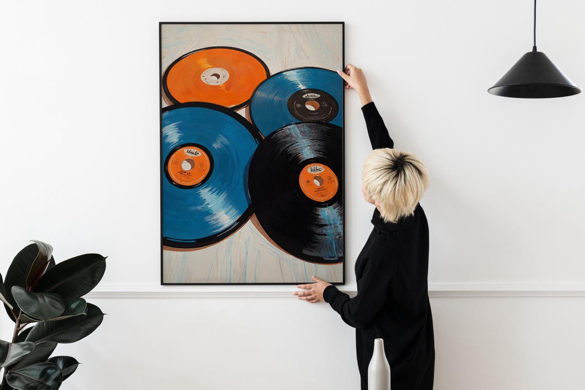 Orange Blue Vinyl Records Pop Art Painting Retro Music Lover Wall Art - Image 2