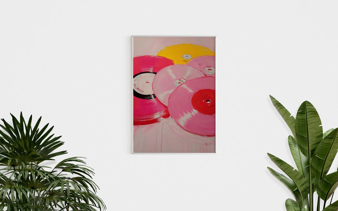 Pink Yellow Vinyl Records Painting Retro Music Room Girly Wall Art - Image 3
