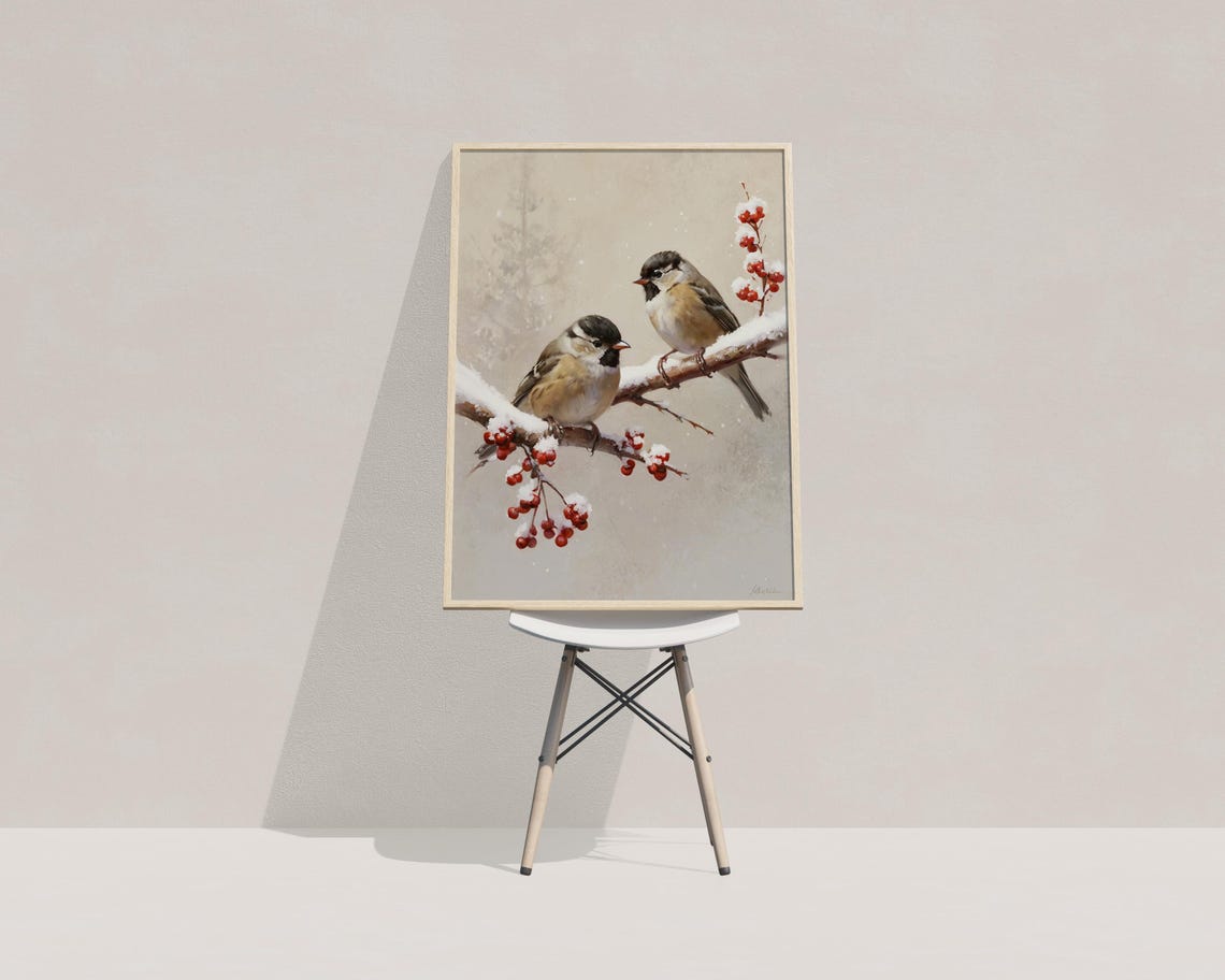 Two Winter Birds on Snowy Branch with Red Berries Bird Wall Art Print - Image 3
