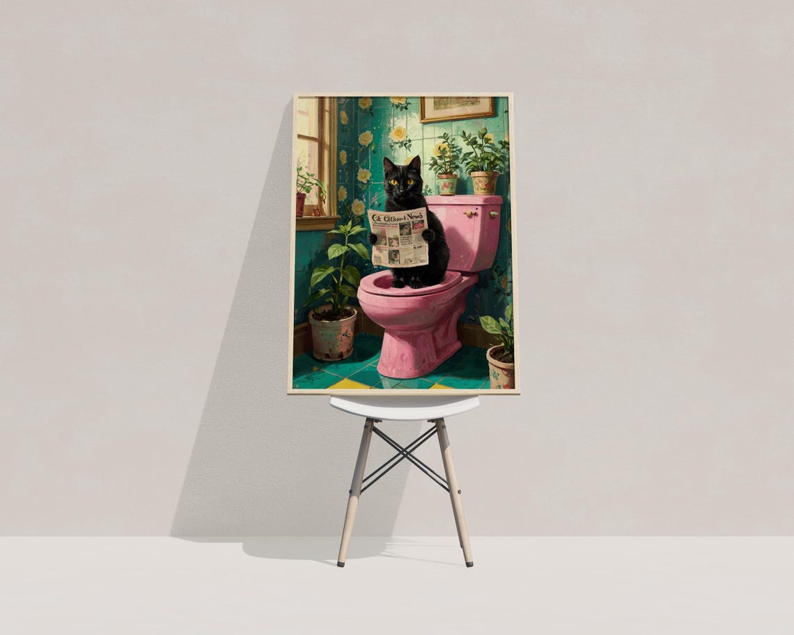 Black Cat Reading Newspaper on Pink Toilet Funny Bathroom Cat Wall Art - Image 4