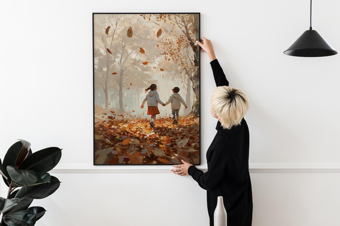 Kids Walking Autumn Forest Falling Leaves Painting Warm Fall Wall Art - Image 2