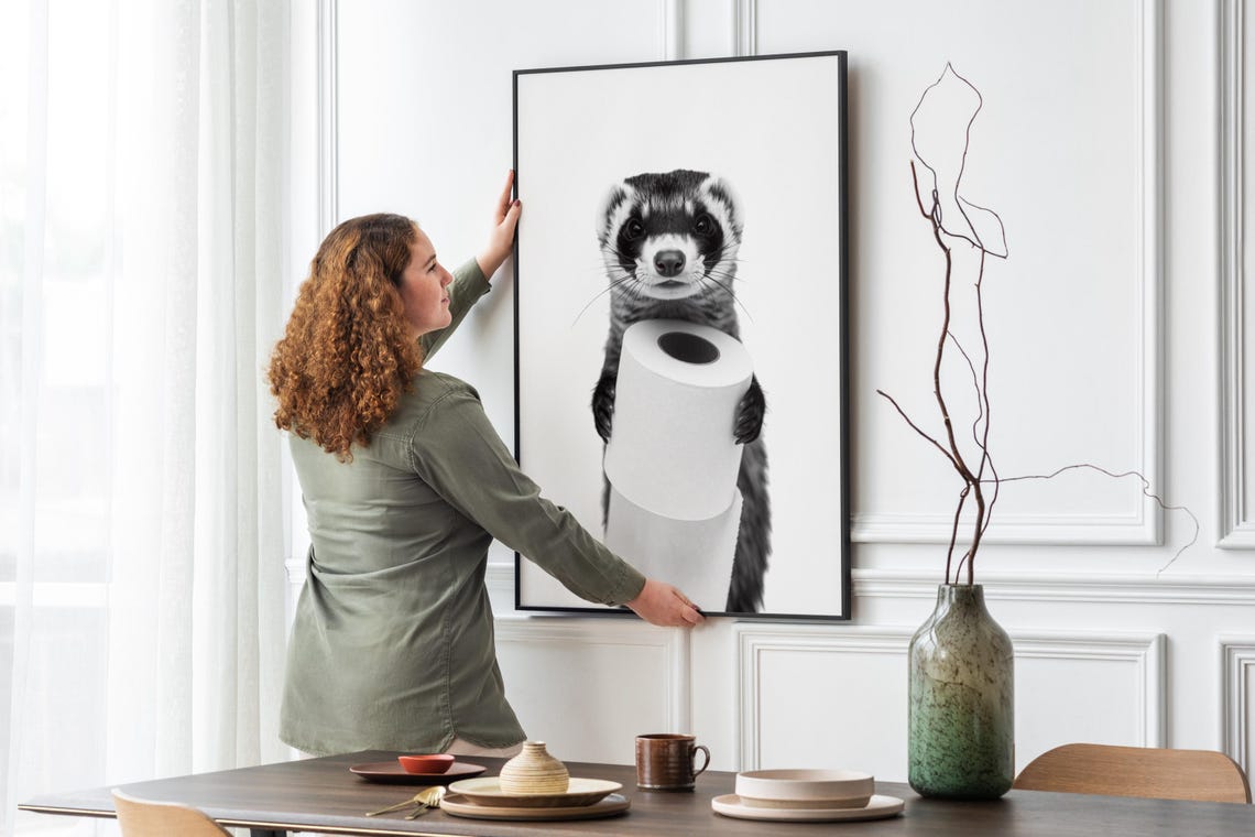 Ferret Holding Toilet Paper Black And White Funny Bathroom Art Poster - Image 4