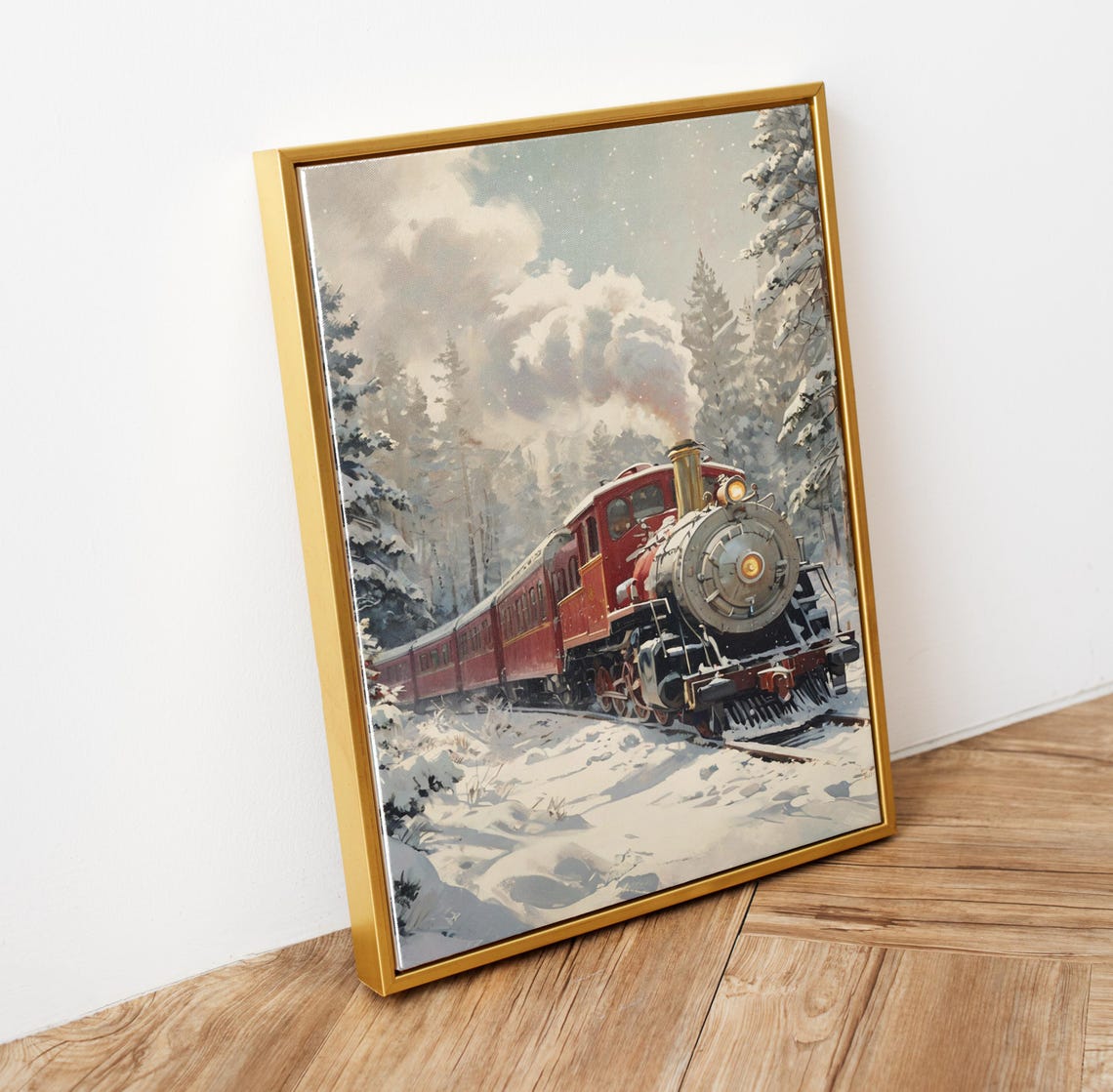 Vintage Red Steam Train in Snowy Forest Winter Holiday Wall Art Poster - Image 6