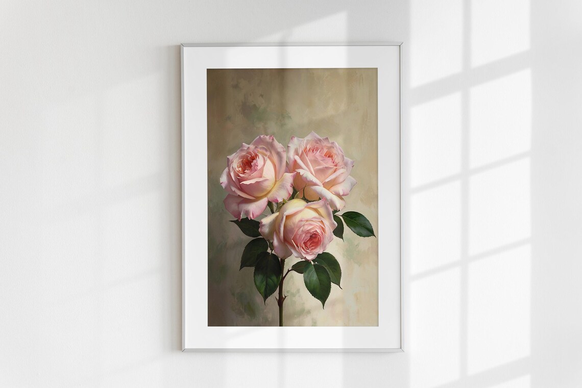 Blush Pink Roses Three Blooms Oil Painting Floral Romantic Poster - Image 6