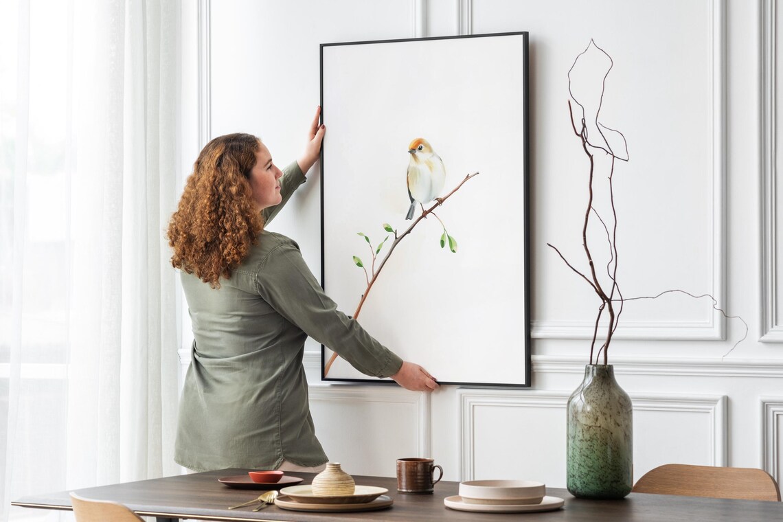 Tiny Bird On Branch Minimalist Watercolor Nature Sketch Wall Art Print - Image 4