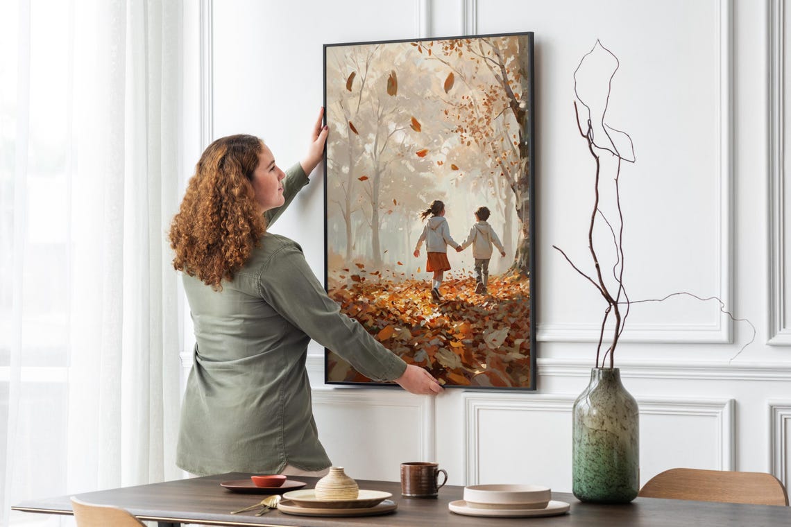 Kids Walking Autumn Forest Falling Leaves Painting Warm Fall Wall Art - Image 5