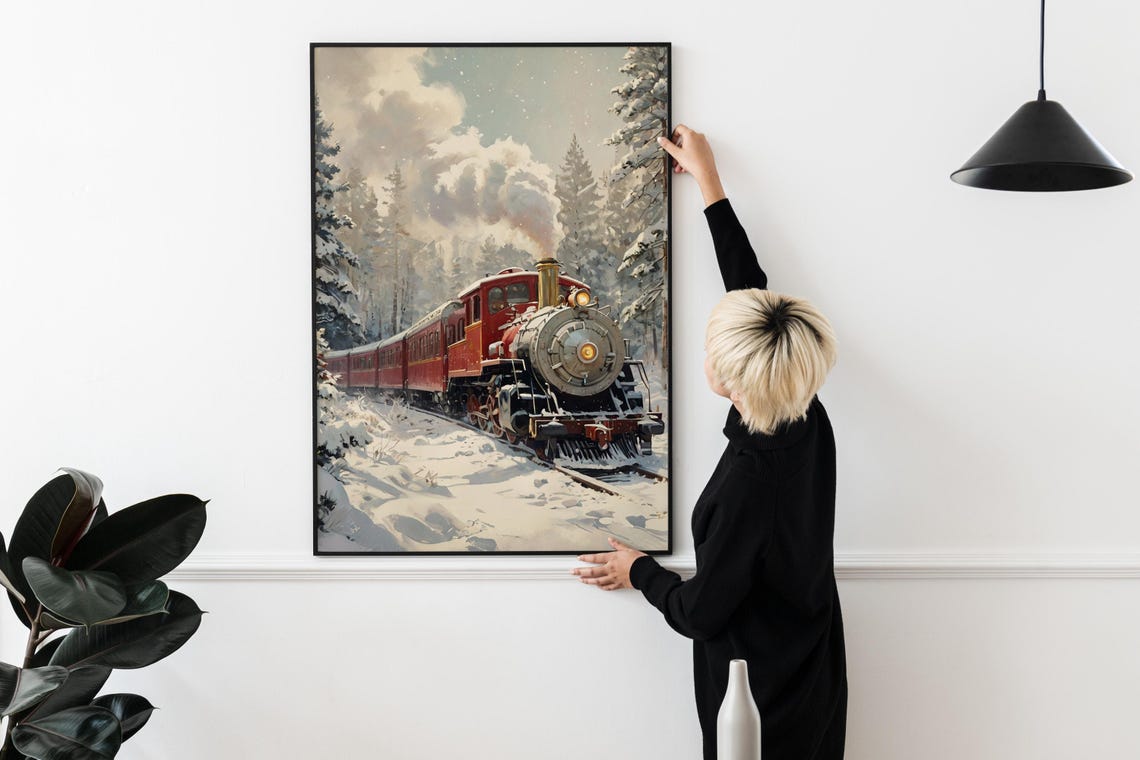 Vintage Red Steam Train in Snowy Forest Winter Holiday Wall Art Poster - Image 2
