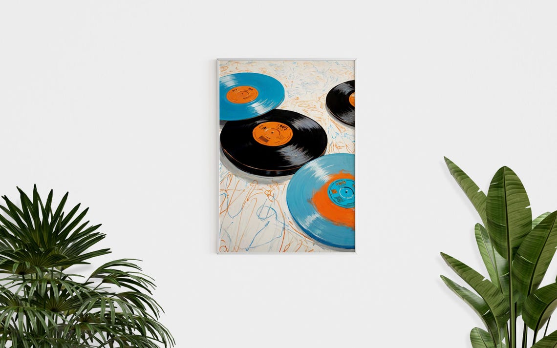 Blue Vinyl Records Painting Retro Music Room Eclectic Wall Art - Image 3