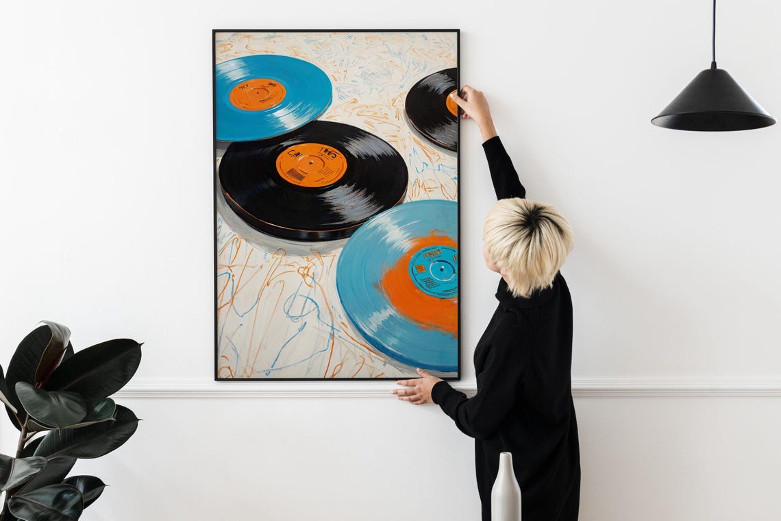 Blue Vinyl Records Painting Retro Music Room Eclectic Wall Art - Image 2
