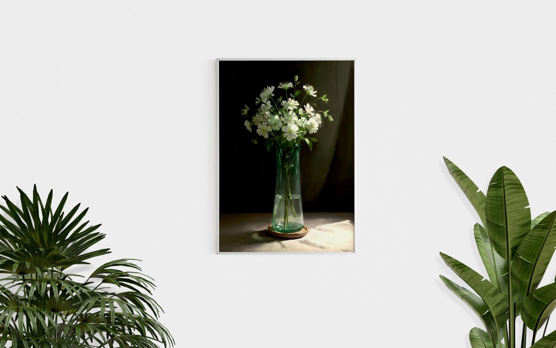 White Wildflowers In Glass Vase Dark Green Moody Still Life Art Poster - Image 2
