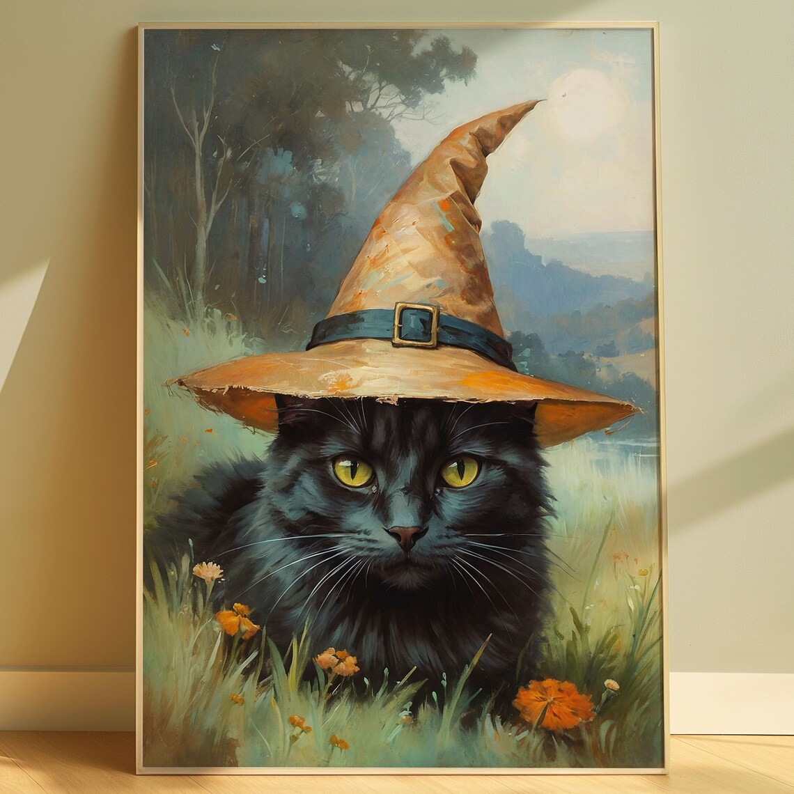 Black Cat Wearing An Orange Witch Hat In A Wildflower Meadow Poster