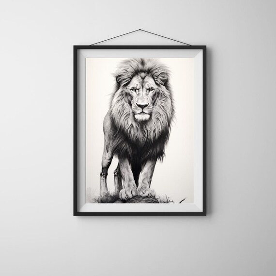 Majestic Lion Black White Print Aigenerated Safari Animal Art