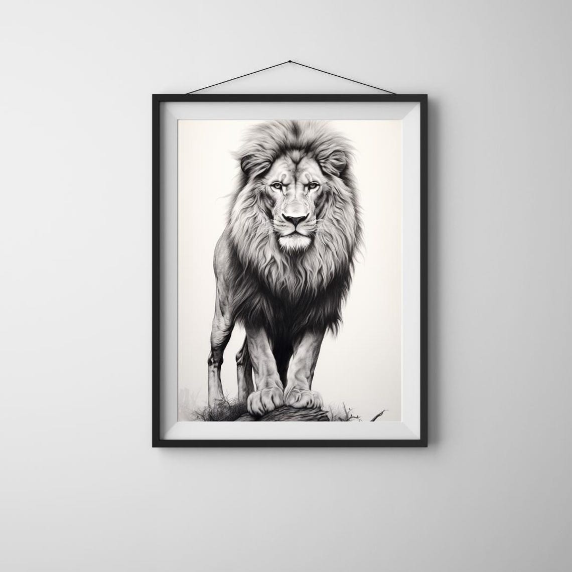 Majestic Black White Lion Standing Portrait Dramatic Fine Art Poster