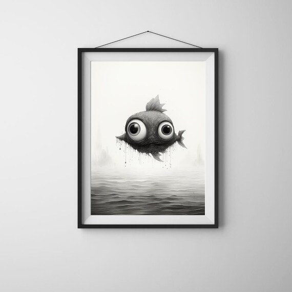 Whimsical Big Eyed Fish Black White Ink Illustration Art Poster