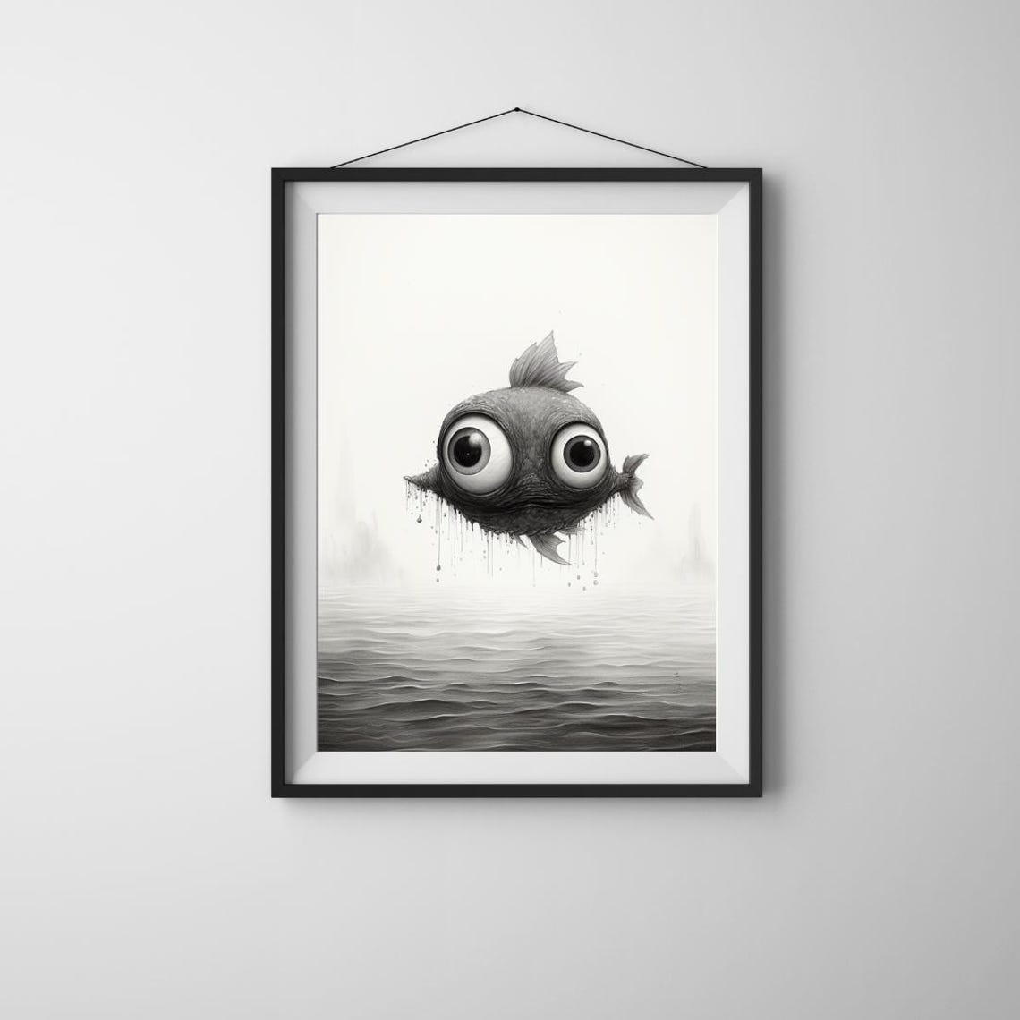 Whimsical Big Eyed Fish Black White Ink Illustration Art Poster